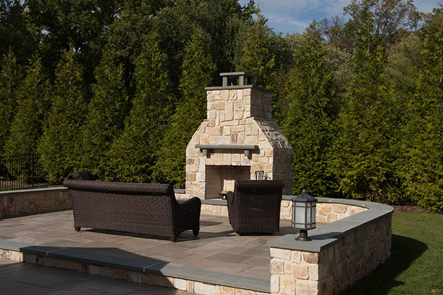 Patio with fireplace